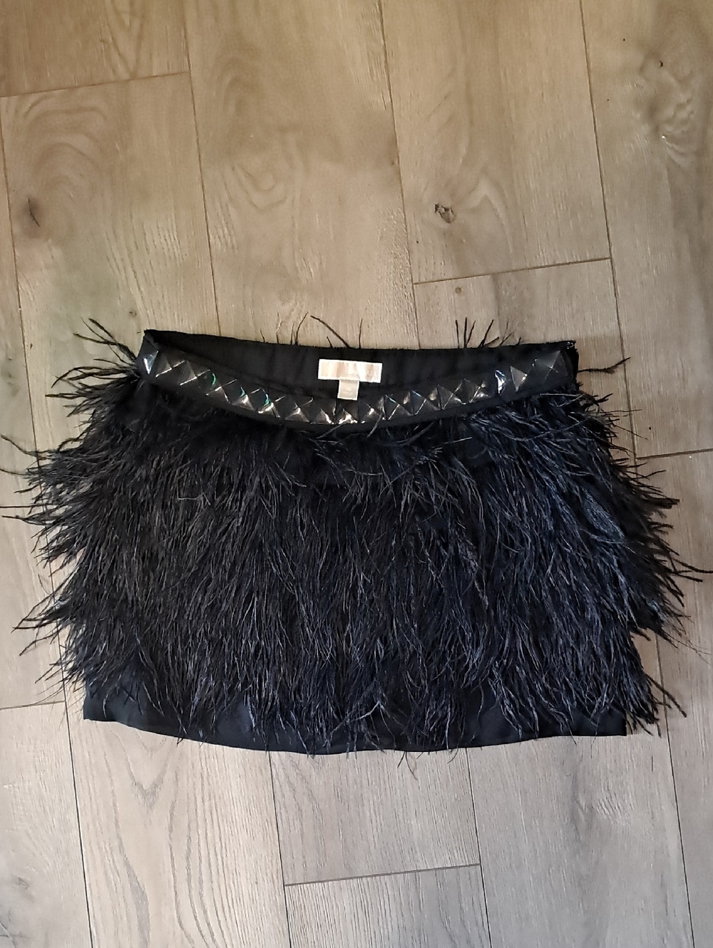 Michael Kors Black Ostrich Feather Mini Skirt with Metal Studded Waistband